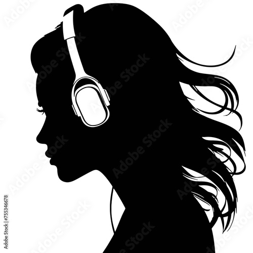 The girl listens to music on headphones . Profile of a young   woman. Musician avatar side view. Vector flat illustration