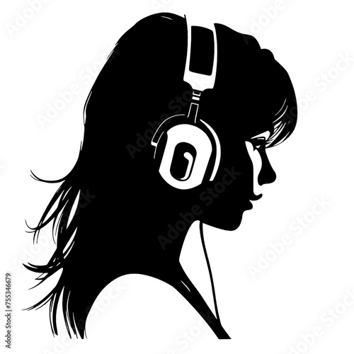The girl listens to music on headphones . Profile of a young   woman. Musician avatar side view. Vector flat illustration