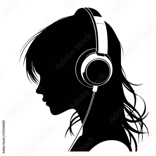 The girl listens to music on headphones . Profile of a young   woman. Musician avatar side view. Vector flat illustration