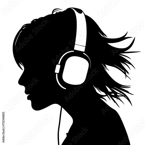 The girl listens to music on headphones . Profile of a young   woman. Musician avatar side view. Vector flat illustration