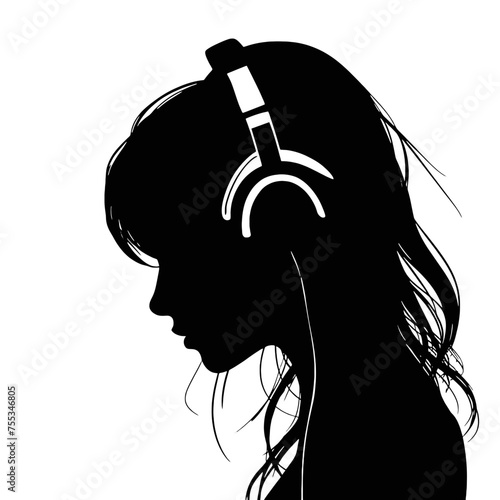 The girl listens to music on headphones . Profile of a young   woman. Musician avatar side view. Vector flat illustration