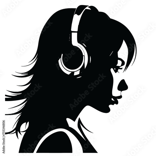 The girl listens to music on headphones . Profile of a young   woman. Musician avatar side view. Vector flat illustration