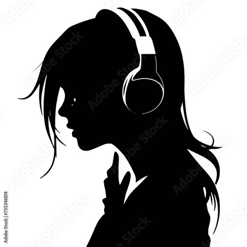 The girl listens to music on headphones . Profile of a young   woman. Musician avatar side view. Vector flat illustration