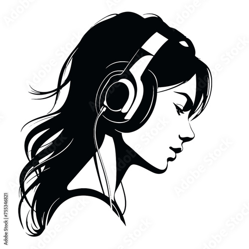 The girl listens to music on headphones . Profile of a young   woman. Musician avatar side view. Vector flat illustration