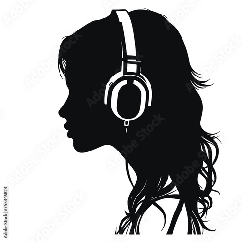 The girl listens to music on headphones . Profile of a young   woman. Musician avatar side view. Vector flat illustration