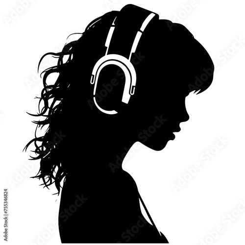 The girl listens to music on headphones . Profile of a young   woman. Musician avatar side view. Vector flat illustration