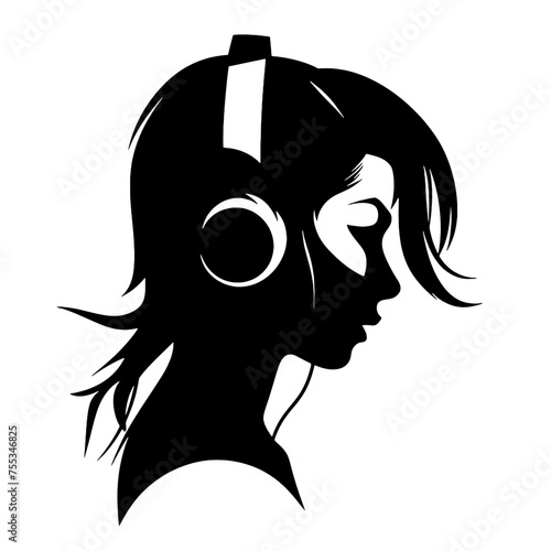 The girl listens to music on headphones . Profile of a young   woman. Musician avatar side view. Vector flat illustration