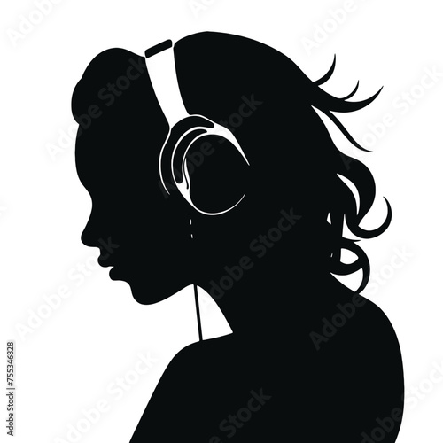 The girl listens to music on headphones . Profile of a young   woman. Musician avatar side view. Vector flat illustration