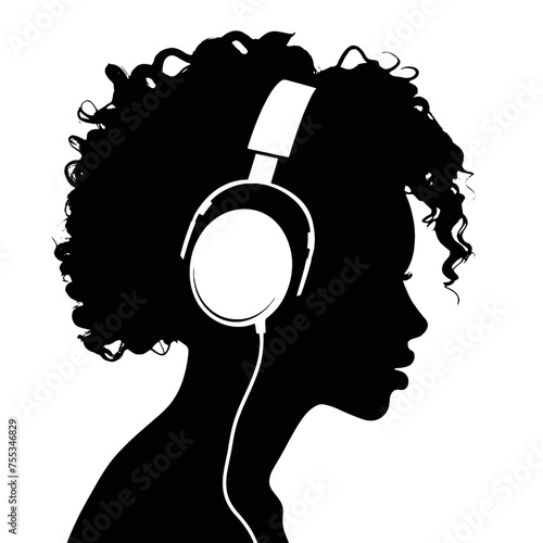 The girl listens to music on headphones . Profile of a young   woman. Musician avatar side view. Vector flat illustration