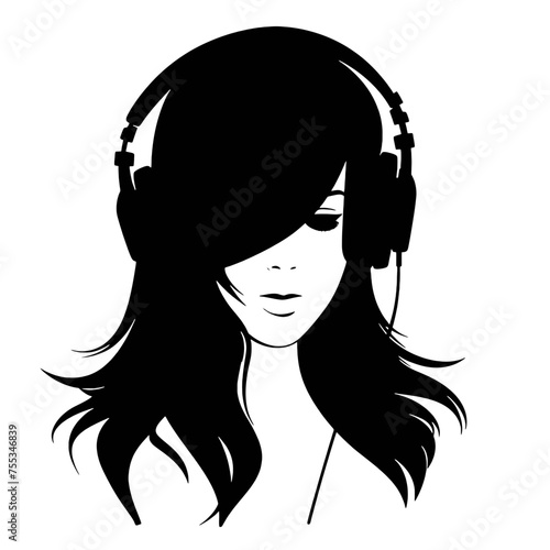 The girl listens to music on headphones . Profile of a young   woman. Musician avatar side view. Vector flat illustration