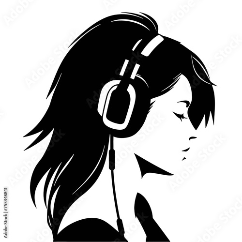 The girl listens to music on headphones . Profile of a young   woman. Musician avatar side view. Vector flat illustration