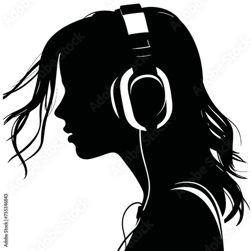 The girl listens to music on headphones . Profile of a young   woman. Musician avatar side view. Vector flat illustration
