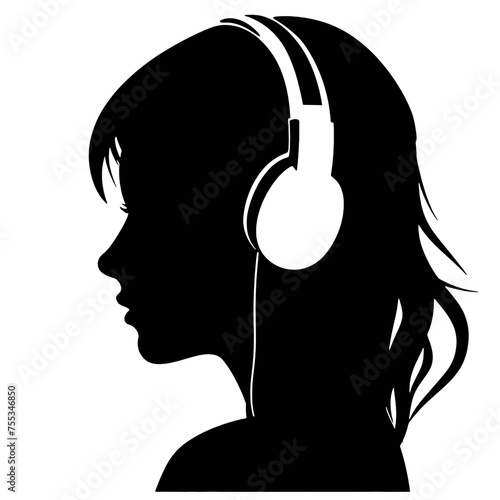 The girl listens to music on headphones . Profile of a young   woman. Musician avatar side view. Vector flat illustration