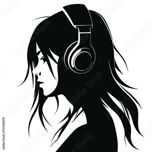 The girl listens to music on headphones . Profile of a young   woman. Musician avatar side view. Vector flat illustration