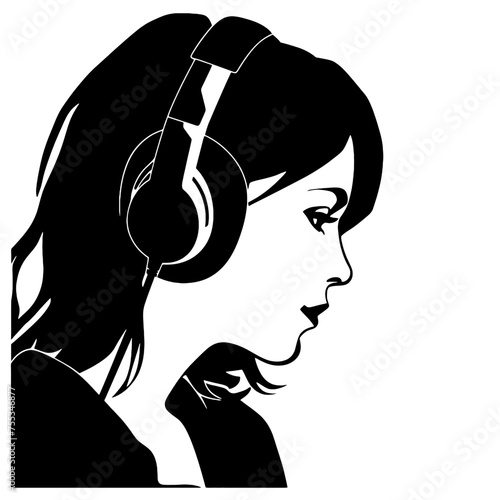 The girl listens to music on headphones . Profile of a young   woman. Musician avatar side view. Vector flat illustration