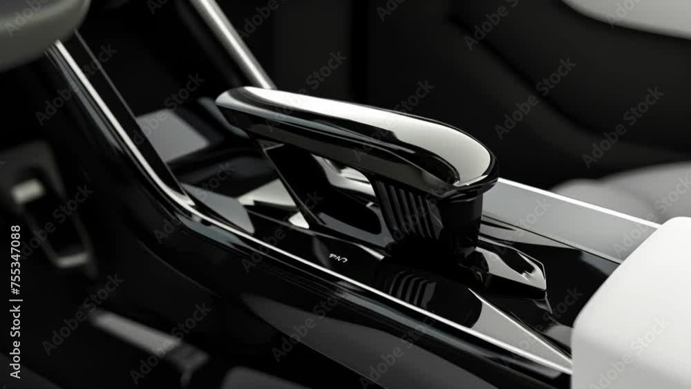 Closeup of the gear shift lever with a highgloss finish and a sleek streamlined design. The lever has a small on on the side for switching between drive modes adding a touch Closeup of the gear shift lever with a highgloss finish and a sleek streamlined design. The lever has a small on on the side for switching between drive modes adding a touch
