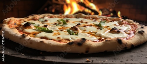 A freshly baked wood-fired white pizza sits on a pizza pan in front of a crackling fire. The flames from the fire gently lick the edges of the pizza, adding a smoky flavor to the dish.
