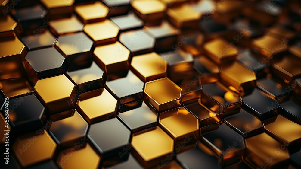 Abstract 3d rendering of golden and black hexagons. Abstract 3d rendering of golden and black hexagons.