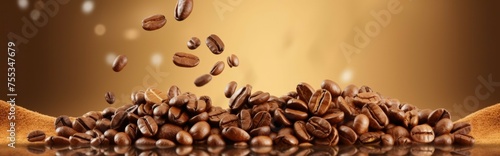 Coffee beans falling into the air on a brown background. 3d rendering