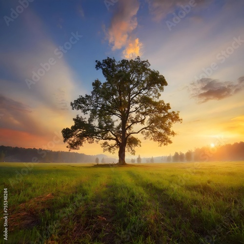 Lonely tree in the meadow at sunset Nature composition