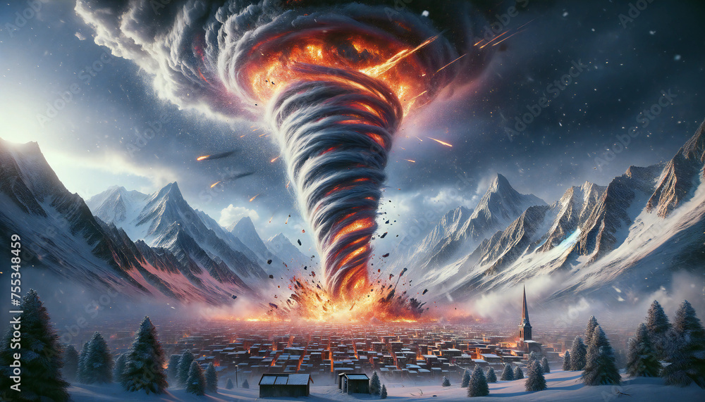 A swirling tornado engulfed in flames and lava, destroying the city against a winter mountain backdrop. - obrazy, fototapety, plakaty 