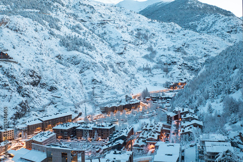 Obraz na płótnie Cityscape of the tourist town of Canillo in Andorra after a heavy snowfall in winter w salonie