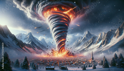 A swirling tornado engulfed in flames and lava, destroying the city against a winter mountain backdrop.