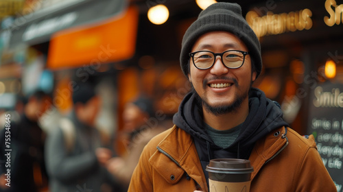 A happy young man with a smile on the street of a big city