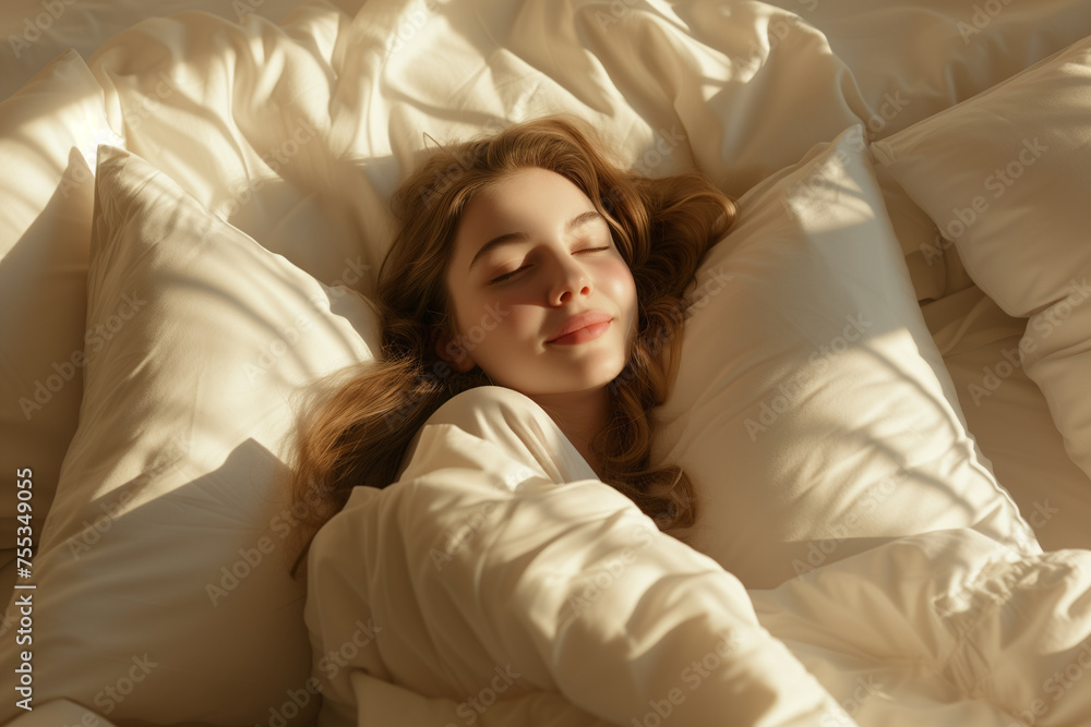 Beautiful woman sleeping on white bed with morning sunlight filtering through the window. Beautiful woman sleeping on white bed with morning sunlight filtering through the window.