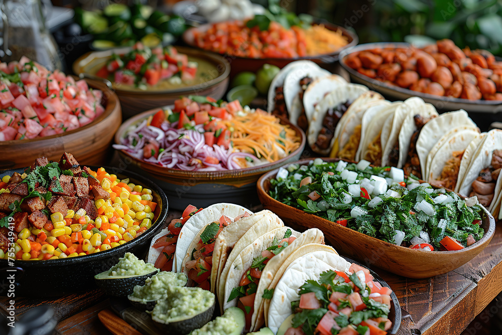 Fototapeta premium Tables with traditional Hispanic dishes such as tacos, empanadas, ceviche, and paella.