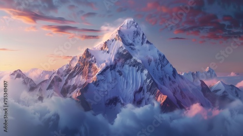 Mountain peak blanketed with snow at dawn