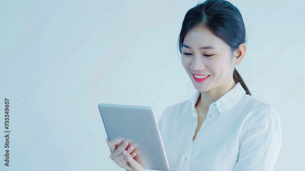 Young happy business woman working with tablet in corporate office on white color background professional photography Young happy business woman working with tablet in corporate office on white color background professional photography