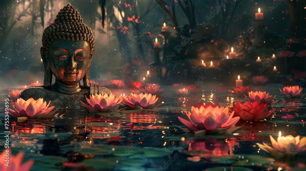 Buddha Head in Pond with Lotus Flowers, Candles, in moon light Generative AI