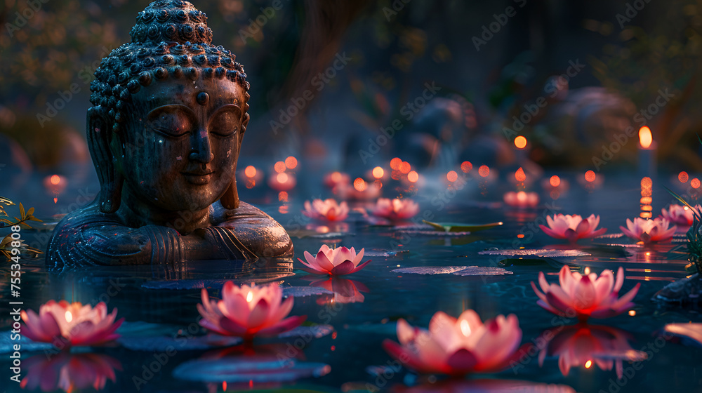 Buddha Head in Pond with Lotus Flowers, Candles, in moon light Generative AI