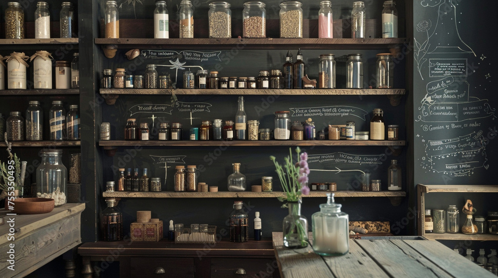 A vintage-inspired potion shop with wooden shelves showcasing jars of mystical potions and ingredients against a black wall adorned with chalk-drawn potion recipes.