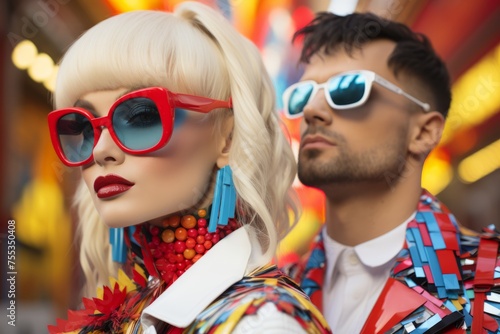 Fashionable couple posing with stylish sunglasses and vibrant outfits