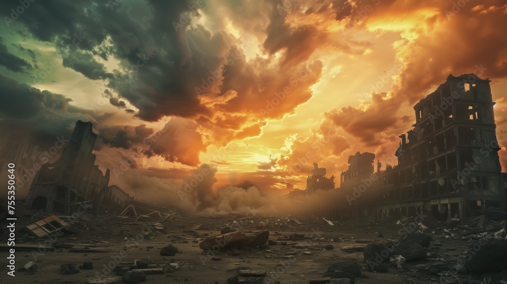 A post-apocalyptic wasteland beneath dramatic skies.