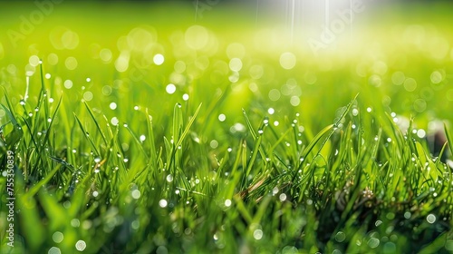 Fresh green grass with dew drops close up. Natural background.