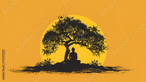 Black Buddha Meditate Under Bodhi Tree Circle Yellow Background  Buddha Concept for Copy space  Generative Ai