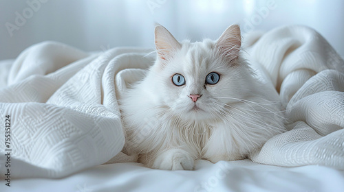 A white Persian cat adorned with a bow, posing elegantly against a pristine white backdrop, emphasizing beauty and style.