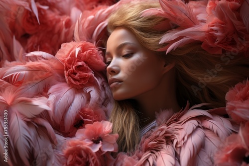 Serene portrait of a young woman surrounded by pink feathers and flowers