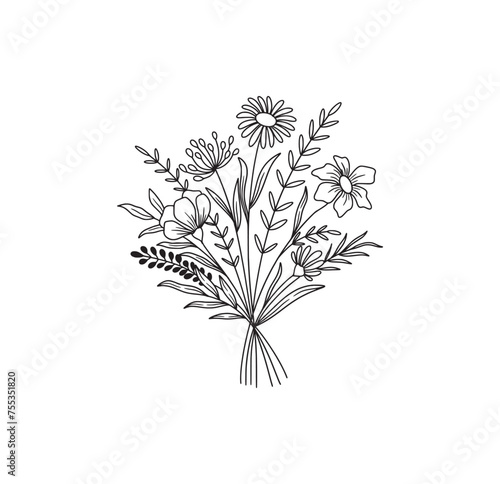 Flower bouquet vector. Hand drawn flower. Wildflower line art bouquets, wild plant, botanical vector illustration
