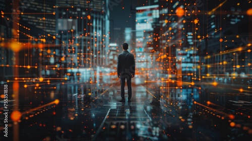 Wallpaper Mural Businessman standing in modern office building night city with global network connection Torontodigital.ca