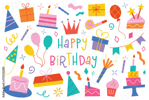Birthday cartoon collection, cake, candles, confetti icons, happy birthday lettering, vector illustrations of gifts and balloons, set of childish cute elements for greeting cards, invitations