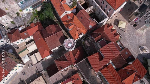 Old Town Herceg Novi, Montenegro, Drone Shot of Sahat Kula Clock Tower and Old Stone Buildings