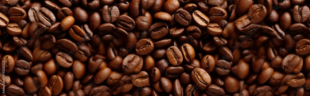Fototapeta premium Roasted coffee beans background, close-up, top view. panoramic banner