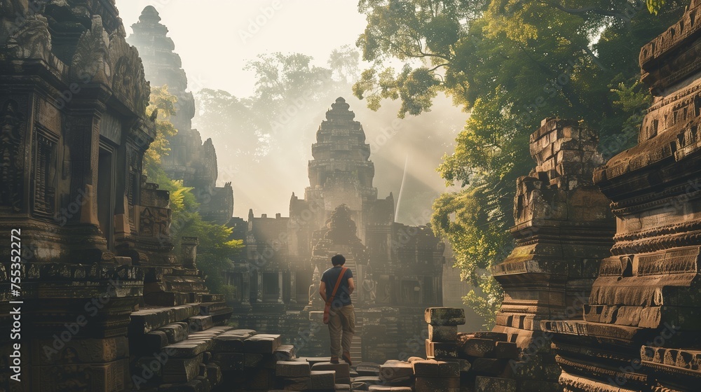 Obraz premium Traveler explores ancient ruins in an exotic location.