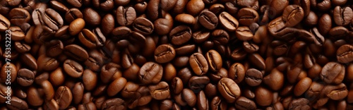 Roasted coffee beans background  close-up  top view. panoramic banner