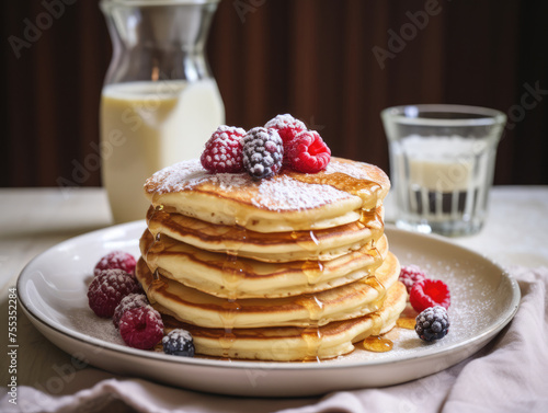 Stack of pancakes with syrup dripping down and adorned with raspberries and blackberries with a dusting of powdered sugar