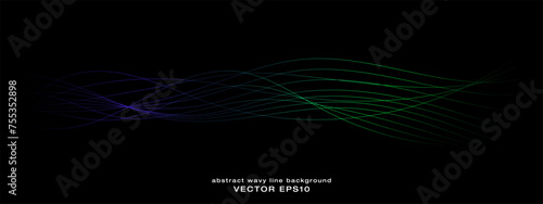 Abstract wavy dynamic blue green violet light lines curve banner on black background in concept technology, neural network, neurology, science, music, neon light.